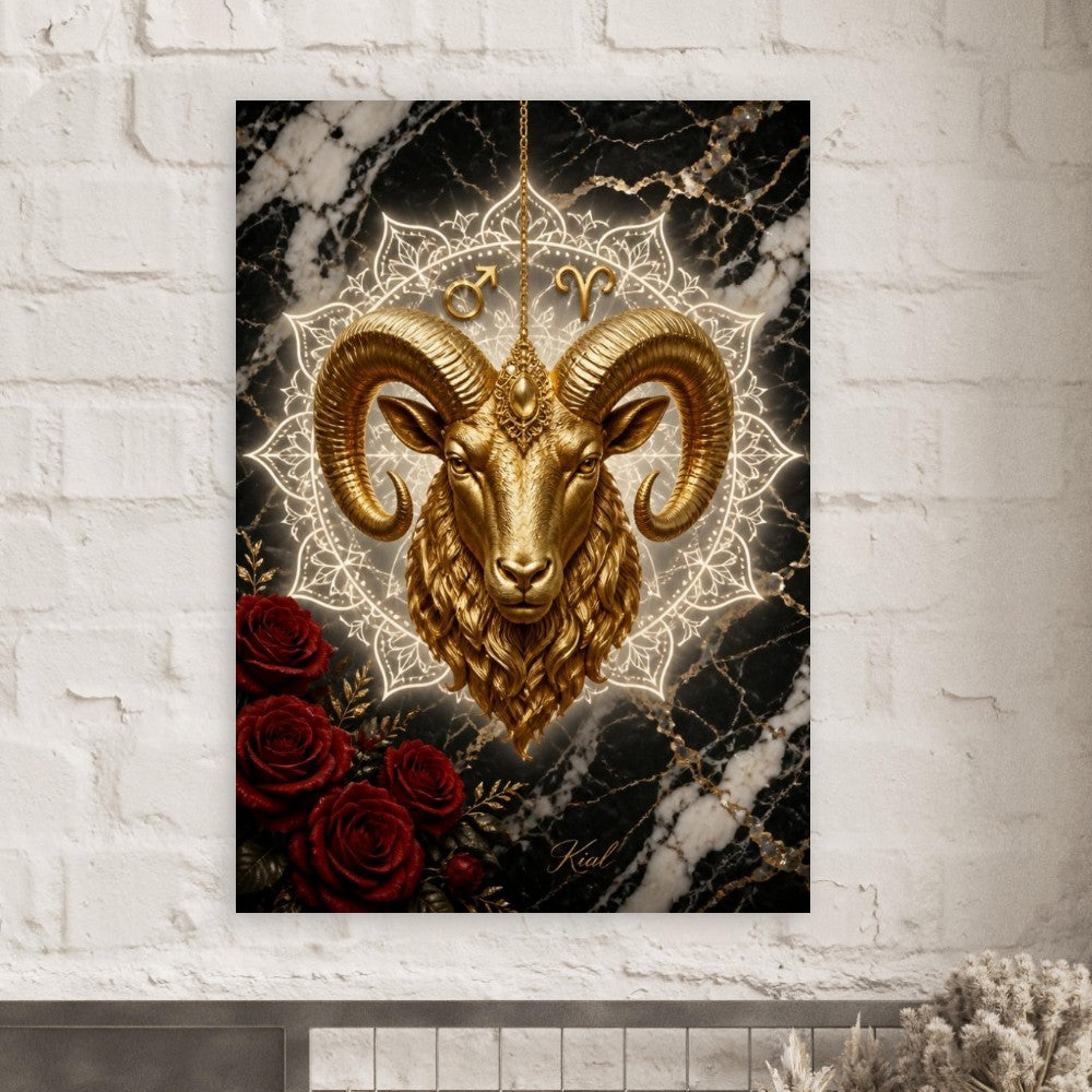 Aries Zodiac Ram Poster, Gold Wall Art, Astrology Canvas, Ram Portrait, Zodiac Gift for Him, Danish Art Studio