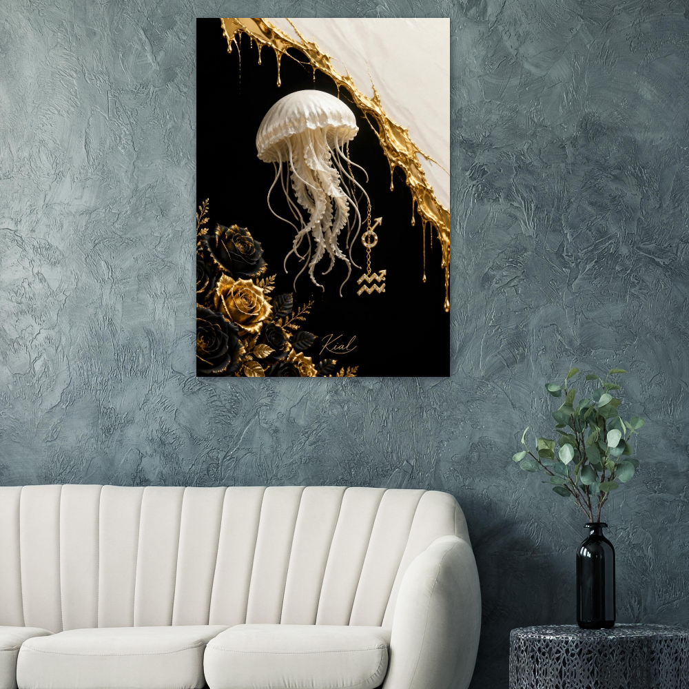 Aquarius Zodiac Jellyfish Poster, Gold Wall Art, Zodiac Gift for Him, Danish Art Studio