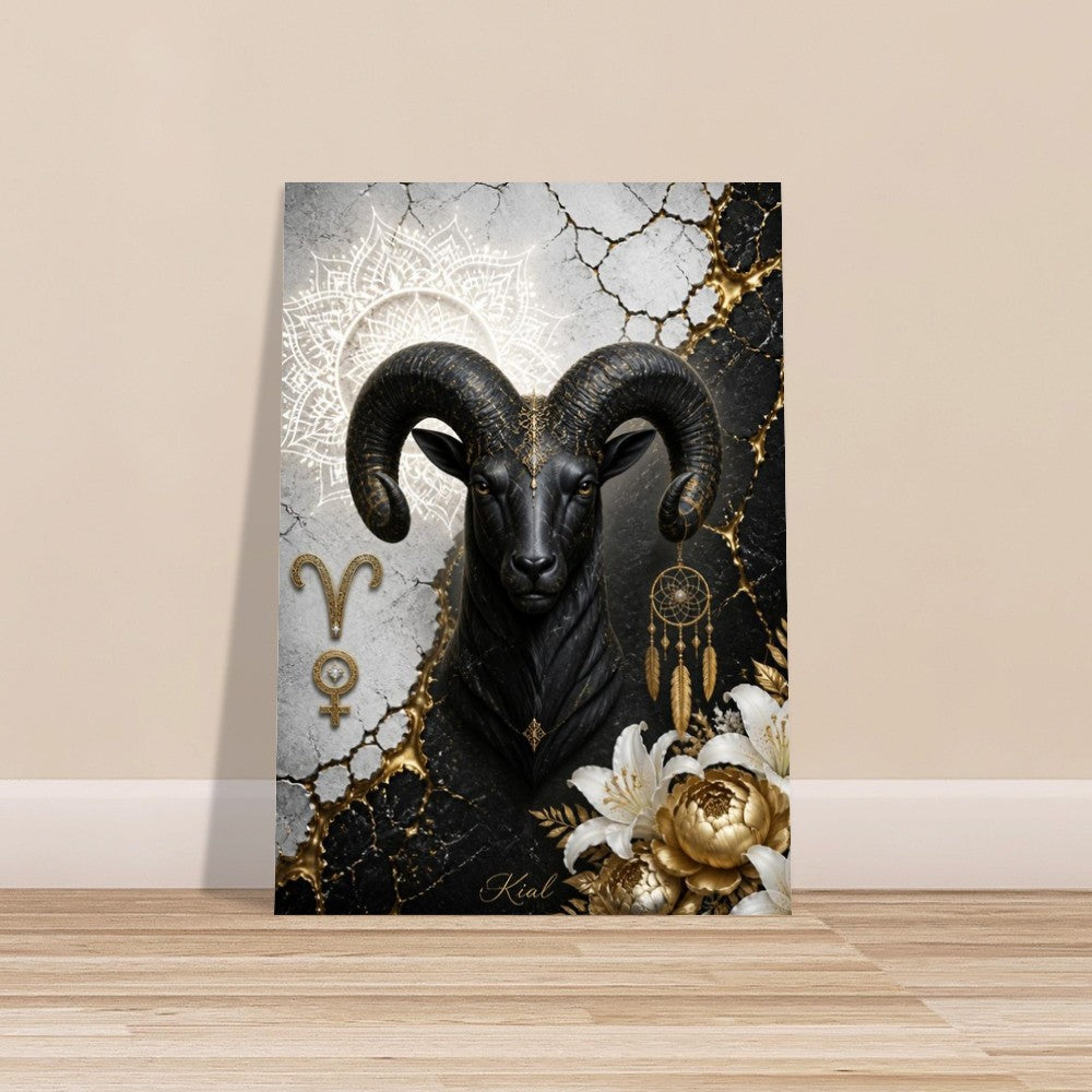 Aries Zodiac Ram Poster, Gold Wall Art, Astrology Canvas, Ram Portrait, Zodiac Gift for Her, Danish Art Studio