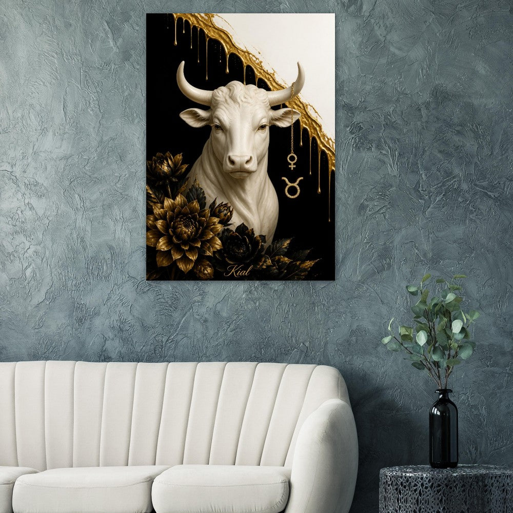 Taurus Zodiac Bull Poster, Gold Wall Art, Astrology Canvas, Bull Portrait, Zodiac Gift for Her, Danish Art Studio