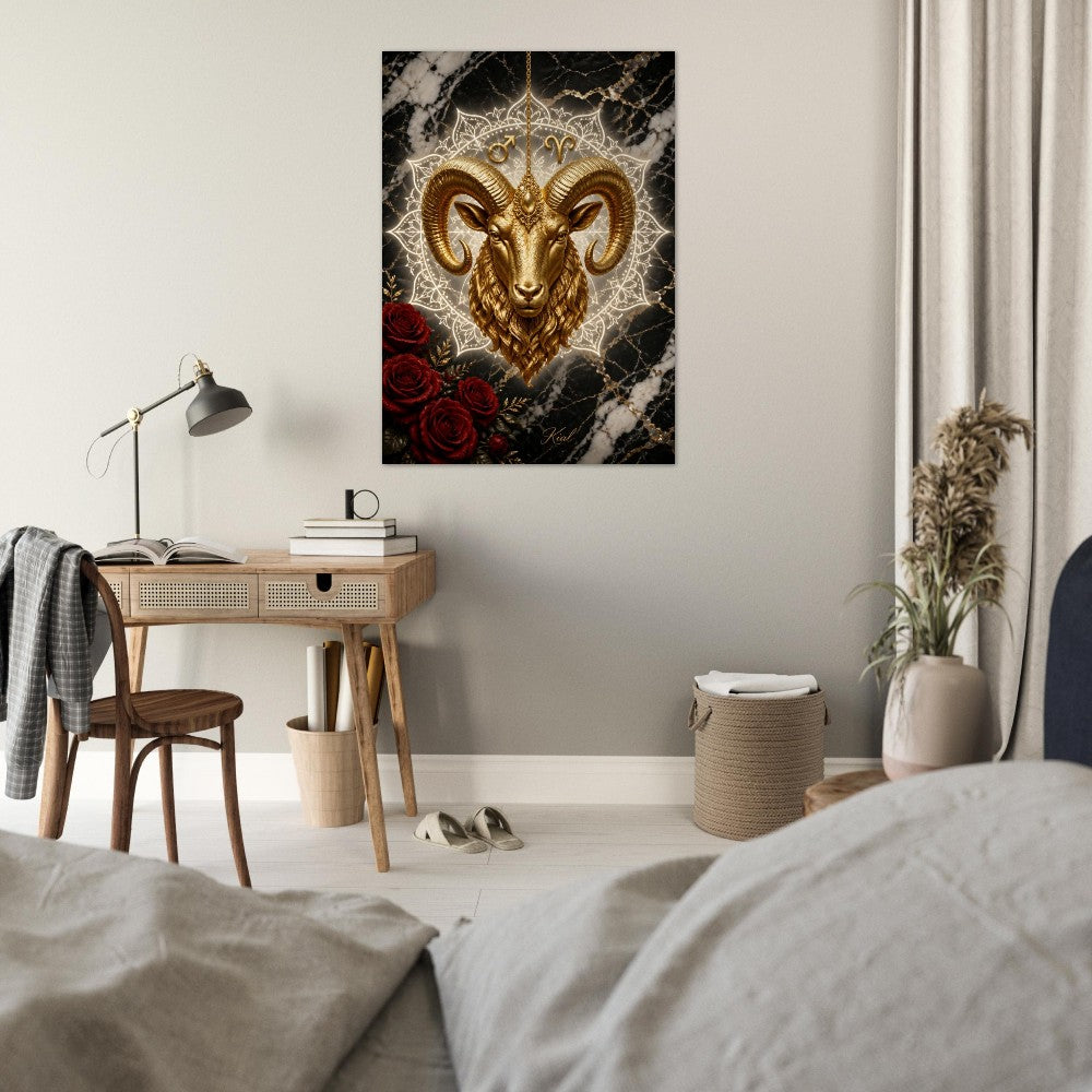 Aries Zodiac Ram Poster, Gold Wall Art, Astrology Canvas, Ram Portrait, Zodiac Gift for Him, Danish Art Studio