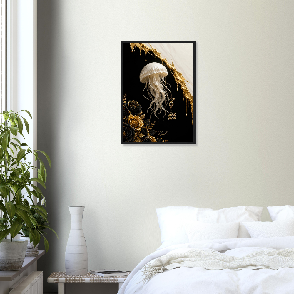 Aquarius Zodiac Jellyfish Poster, Gold Wall Art, Zodiac Gift for Him, Danish Art Studio