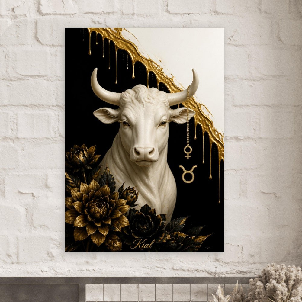 Taurus Zodiac Bull Poster, Gold Wall Art, Astrology Canvas, Bull Portrait, Zodiac Gift for Her, Danish Art Studio