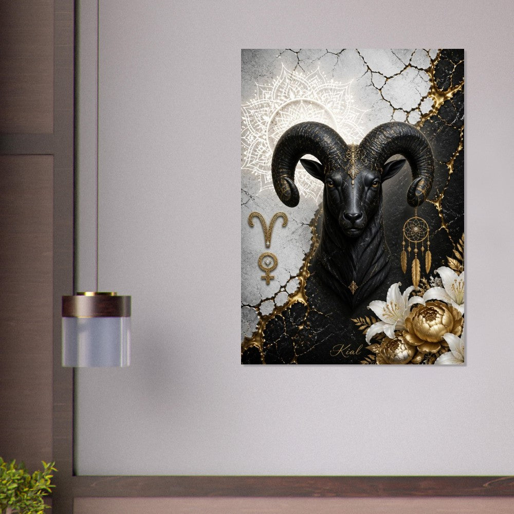Aries Zodiac Ram Poster, Gold Wall Art, Astrology Canvas, Ram Portrait, Zodiac Gift for Her, Danish Art Studio