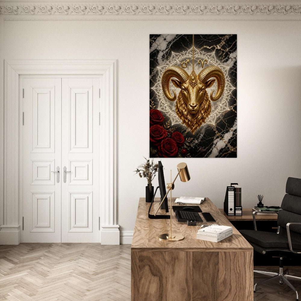 Aries Zodiac Ram Poster, Gold Wall Art, Astrology Canvas, Ram Portrait, Zodiac Gift for Him, Danish Art Studio