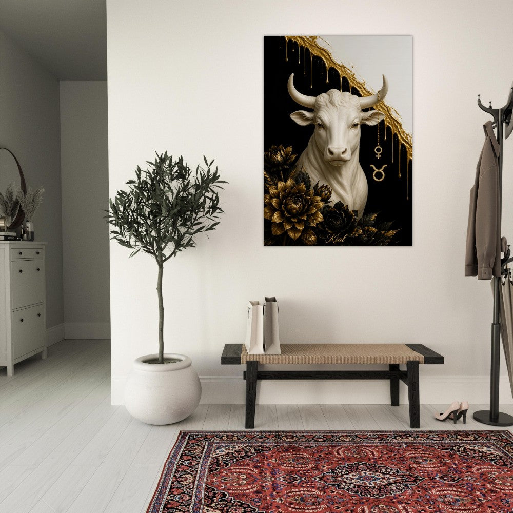 Taurus Zodiac Bull Poster, Gold Wall Art, Astrology Canvas, Bull Portrait, Zodiac Gift for Her, Danish Art Studio