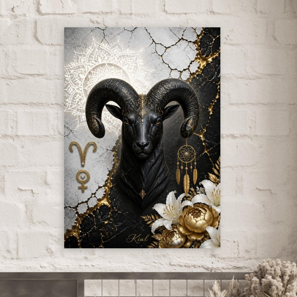 Aries Zodiac Ram Poster, Gold Wall Art, Astrology Canvas, Ram Portrait, Zodiac Gift for Her, Danish Art Studio