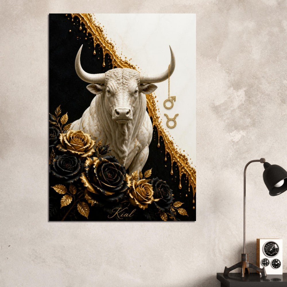 Taurus Zodiac Bull Poster, Gold Wall Art, Astrology Canvas, Bull Portrait, Zodiac Gift for Him, Danish Art Studio