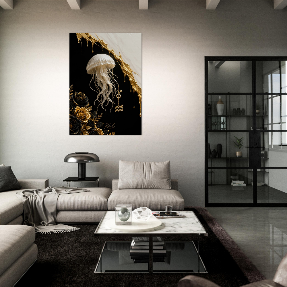 Aquarius Zodiac Jellyfish Poster, Gold Wall Art, Zodiac Gift for Him, Danish Art Studio