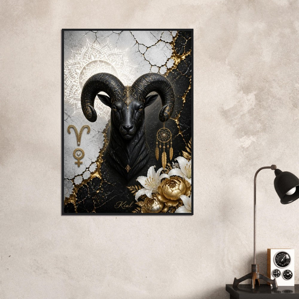 Aries Zodiac Ram Poster, Gold Wall Art, Astrology Canvas, Ram Portrait, Zodiac Gift for Her, Danish Art Studio