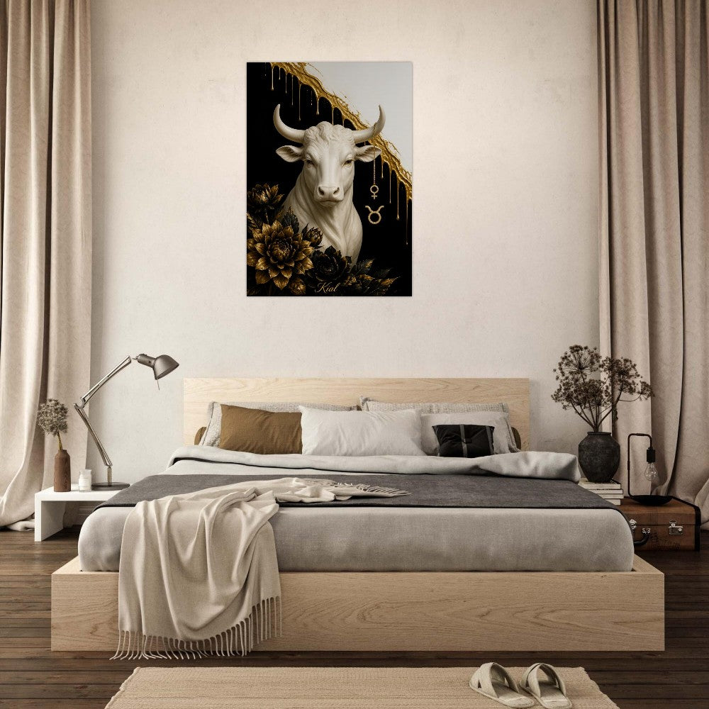 Taurus Zodiac Bull Poster, Gold Wall Art, Astrology Canvas, Bull Portrait, Zodiac Gift for Her, Danish Art Studio