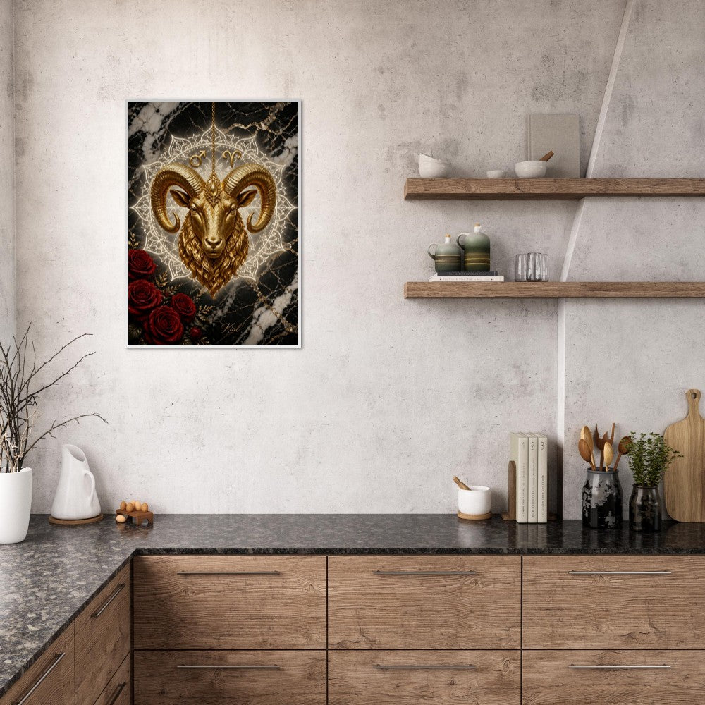 Aries Zodiac Ram Poster, Gold Wall Art, Astrology Canvas, Ram Portrait, Zodiac Gift for Him, Danish Art Studio