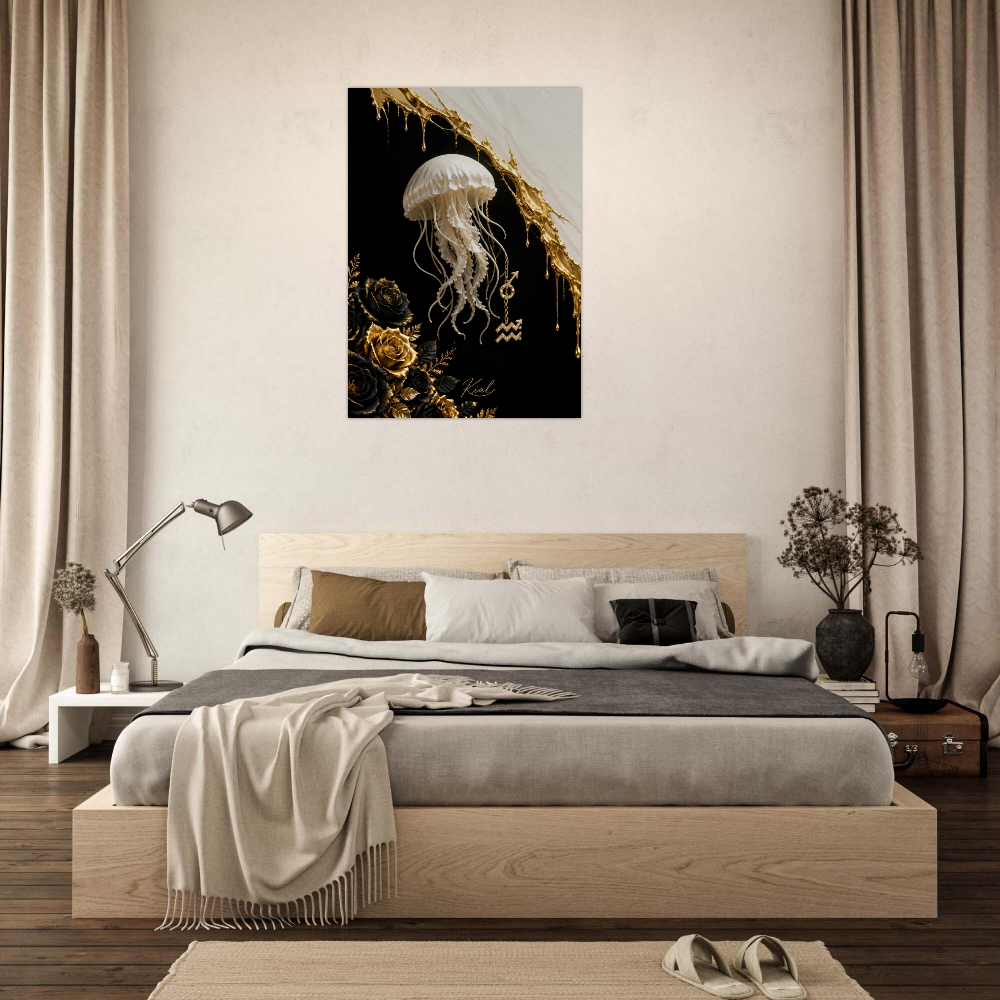 Aquarius Zodiac Jellyfish Poster, Gold Wall Art, Zodiac Gift for Him, Danish Art Studio