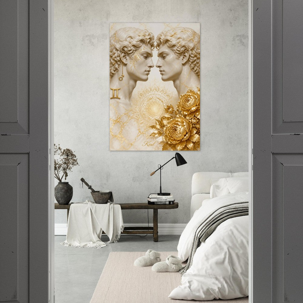 Gemini Zodiac Twins Poster, Gold Wall Art, Astrology Canvas, Twins Portrait, Zodiac Gift for Him, Danish Art Studio
