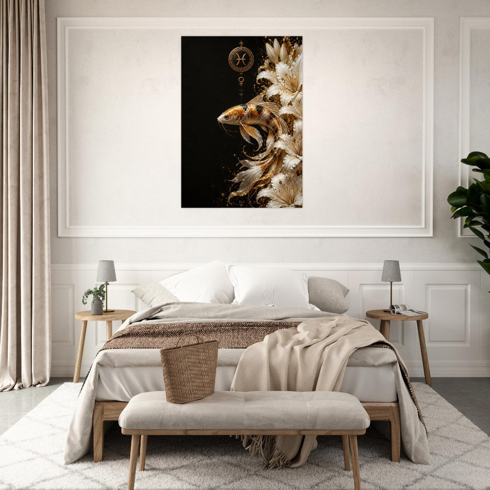 Pisces Zodiac Koi Poster, Gold Wall Art, Astrology Canvas, Koi Portrait, Zodiac Gift for Her, Danish Art Studio