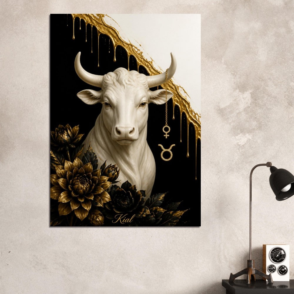Taurus Zodiac Bull Poster, Gold Wall Art, Astrology Canvas, Bull Portrait, Zodiac Gift for Her, Danish Art Studio