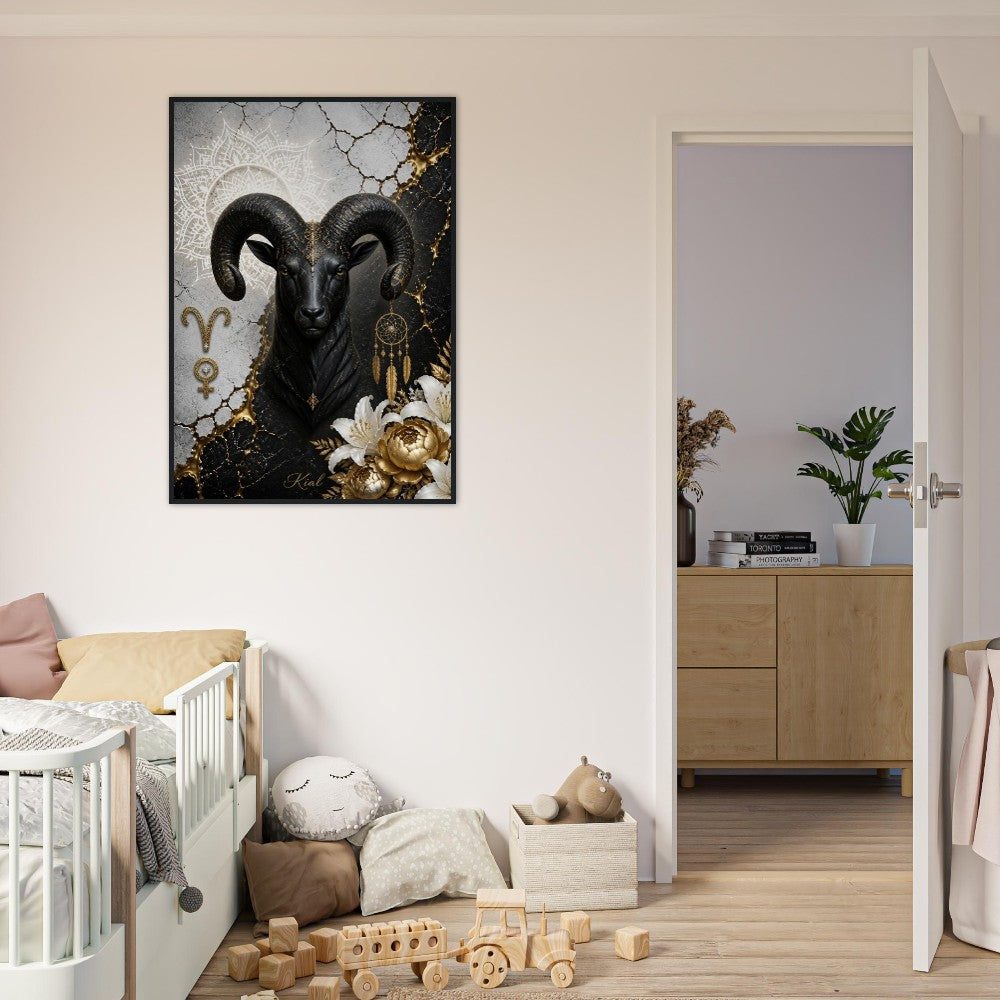 Aries Zodiac Ram Poster, Gold Wall Art, Astrology Canvas, Ram Portrait, Zodiac Gift for Her, Danish Art Studio