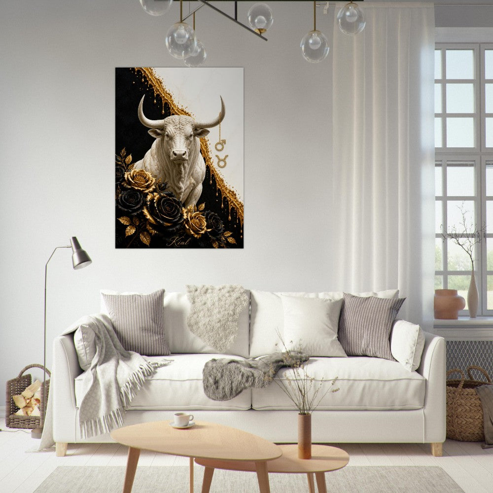 Taurus Zodiac Bull Poster, Gold Wall Art, Astrology Canvas, Bull Portrait, Zodiac Gift for Him, Danish Art Studio