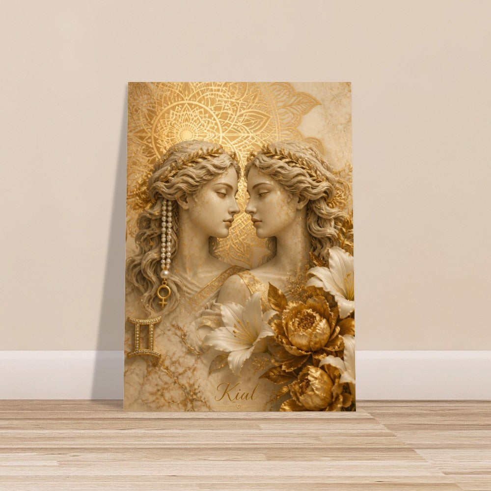 Gemini Zodiac Twins Poster, Gold Wall Art, Astrology Canvas, Twins Portrait, Zodiac Gift for Her, Danish Art Studio
