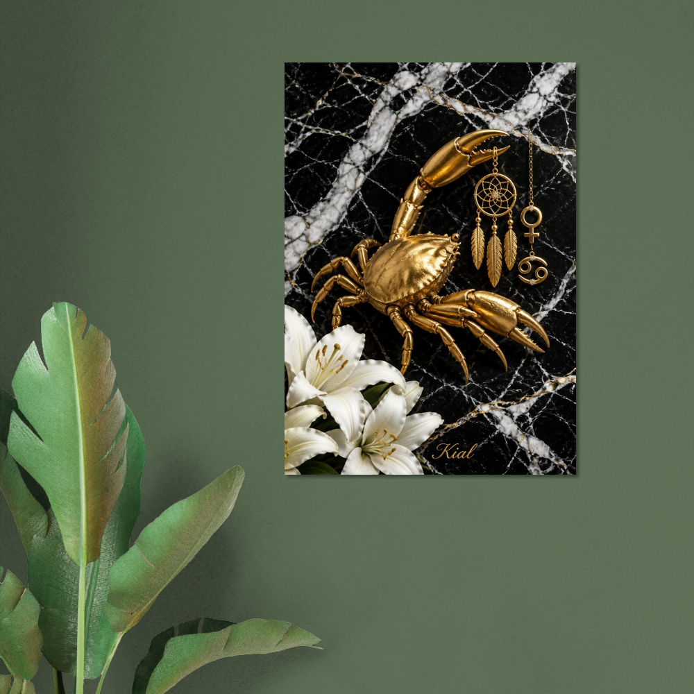 Cancer Zodiac Crab Poster, Gold Wall Art, Astrology Canvas, Crab Portrait, Zodiac Gift for Her, Danish Art Studio