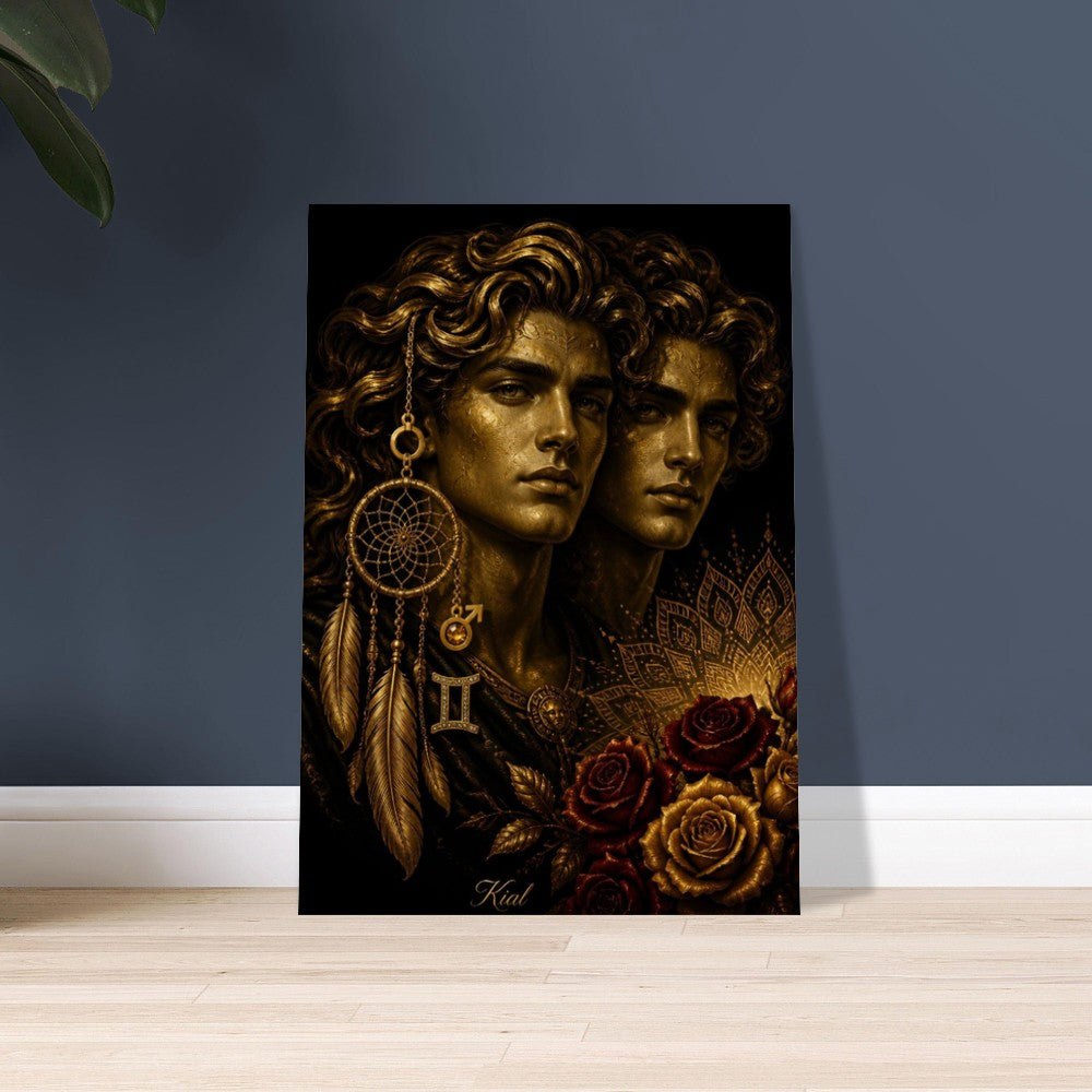 Gemini Zodiac Twins Poster, Gold Wall Art, Astrology Canvas, Twins Portrait, Zodiac Gift for Him, Danish Art Studio