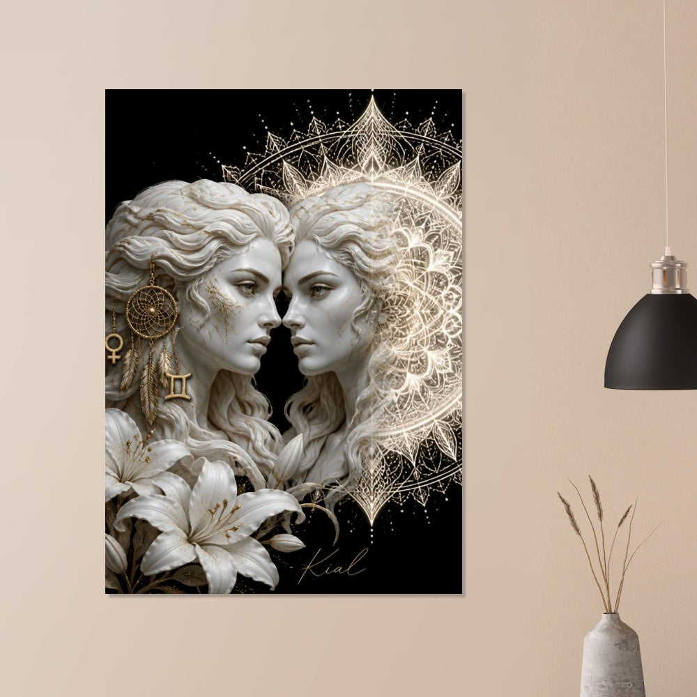 Gemini Zodiac Twins Poster, Gold Wall Art, Astrology Canvas, Twins Portrait, Zodiac Gift for Her, Danish Art Studio