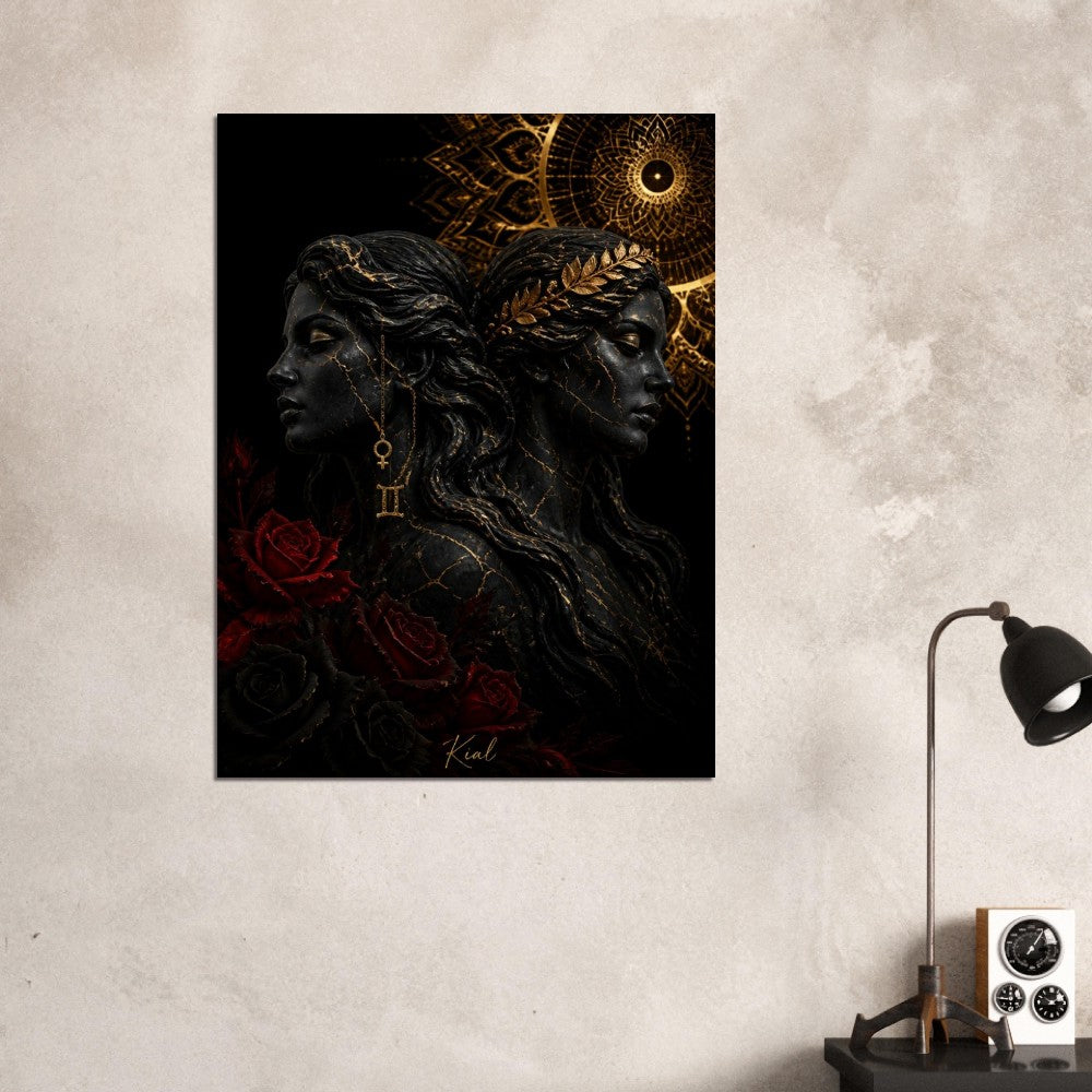 Gemini Zodiac Twins Poster, Gold Wall Art, Astrology Canvas, Twins Portrait, Zodiac Gift for Her, Danish Art Studio