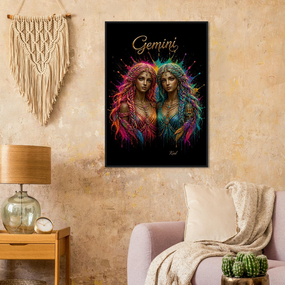 Gemini Neon Zodiac Tvillinger Plakat, Farverig Vægkunst, Kunstnerisk Astrologi Lærred, Zodiak Gave til Hende, Dansk Kunst Studio