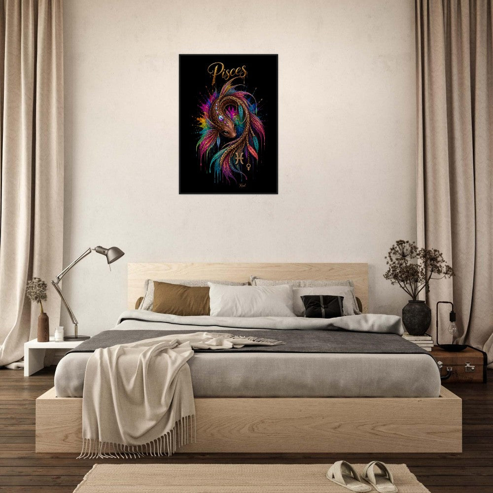 Pisces Neon Zodiac Koi Poster, Colorful Wall Art, Artistic Astrology Canvas, Zodiac Gift for Her, Danish Art Studio