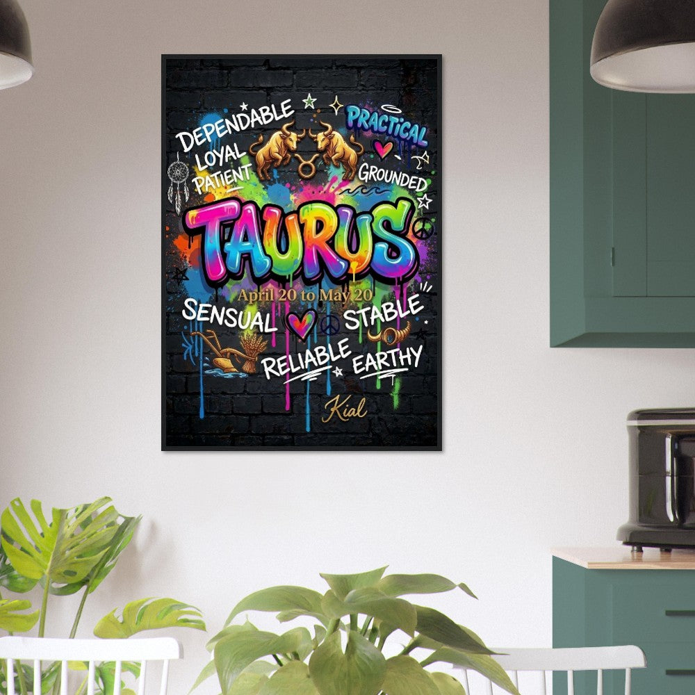 Taurus Neon Graffiti Zodiac Poster, Dark Background, Colorful Street Art, Zodiac Gift for Her, Danish Art Studio