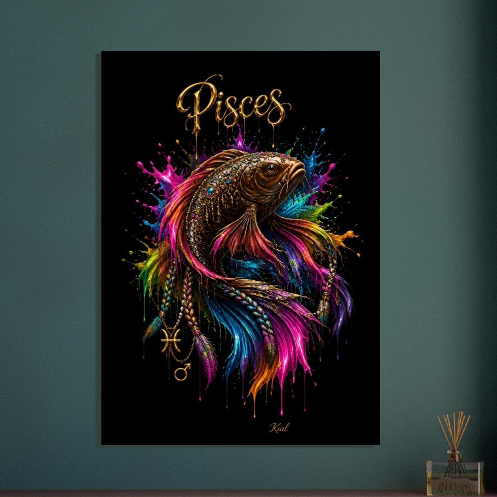 Pisces Neon Zodiac Koi Poster, Colorful Wall Art, Artistic Astrology Canvas, Zodiac Gift for Him, Danish Art Studio