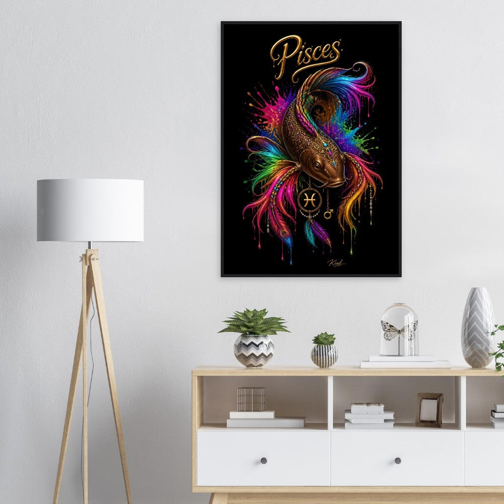 Pisces Neon Zodiac Koi Poster, Colorful Wall Art, Artistic Astrology Canvas, Zodiac Gift for Him, Danish Art Studio