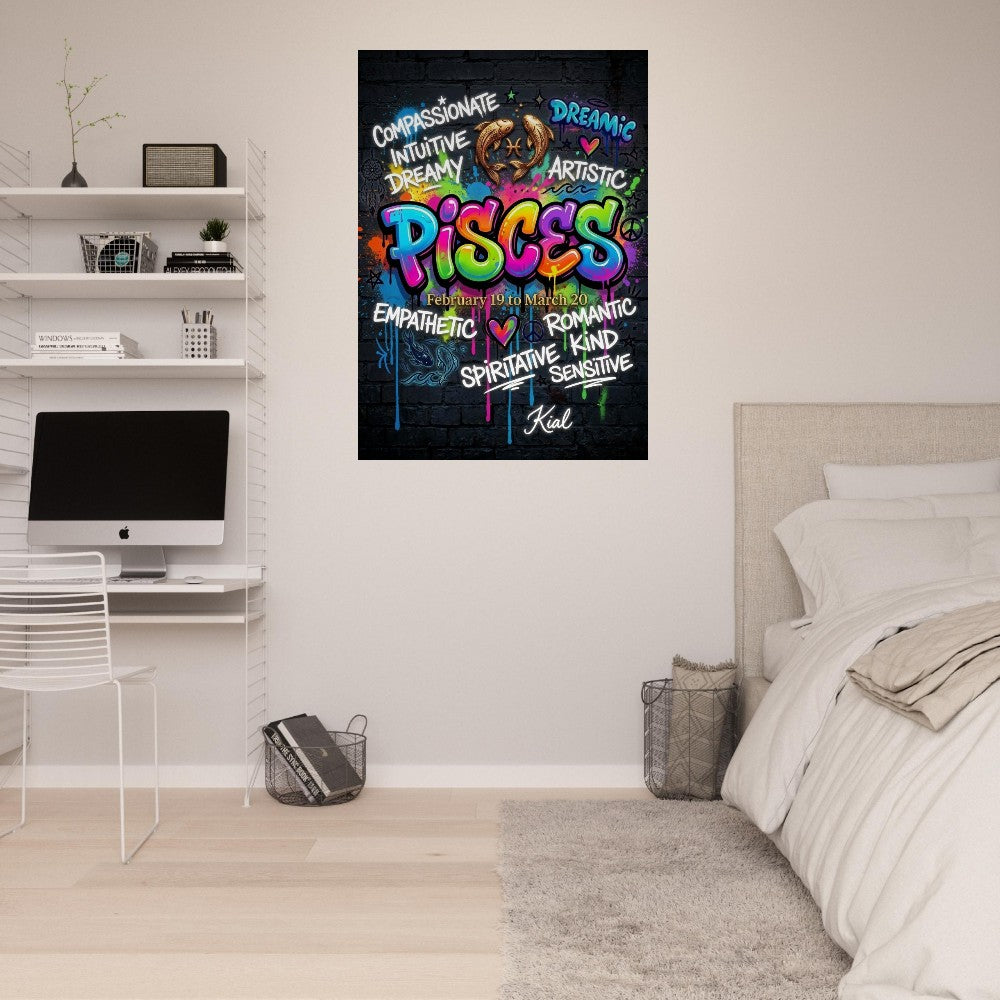 Pisces Neon Graffiti Zodiac Poster, Dark Background, Colorful Street Art, Zodiac Gift for Her, Danish Art Studio
