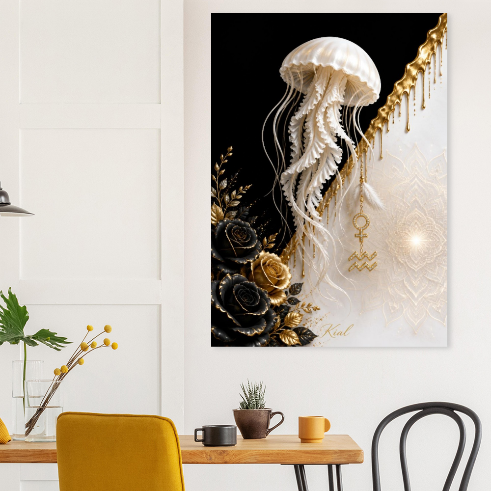 Aquarius Zodiac Jellyfish Poster, Gold Wall Art, Zodiac Gift for Her, Danish Art Studio