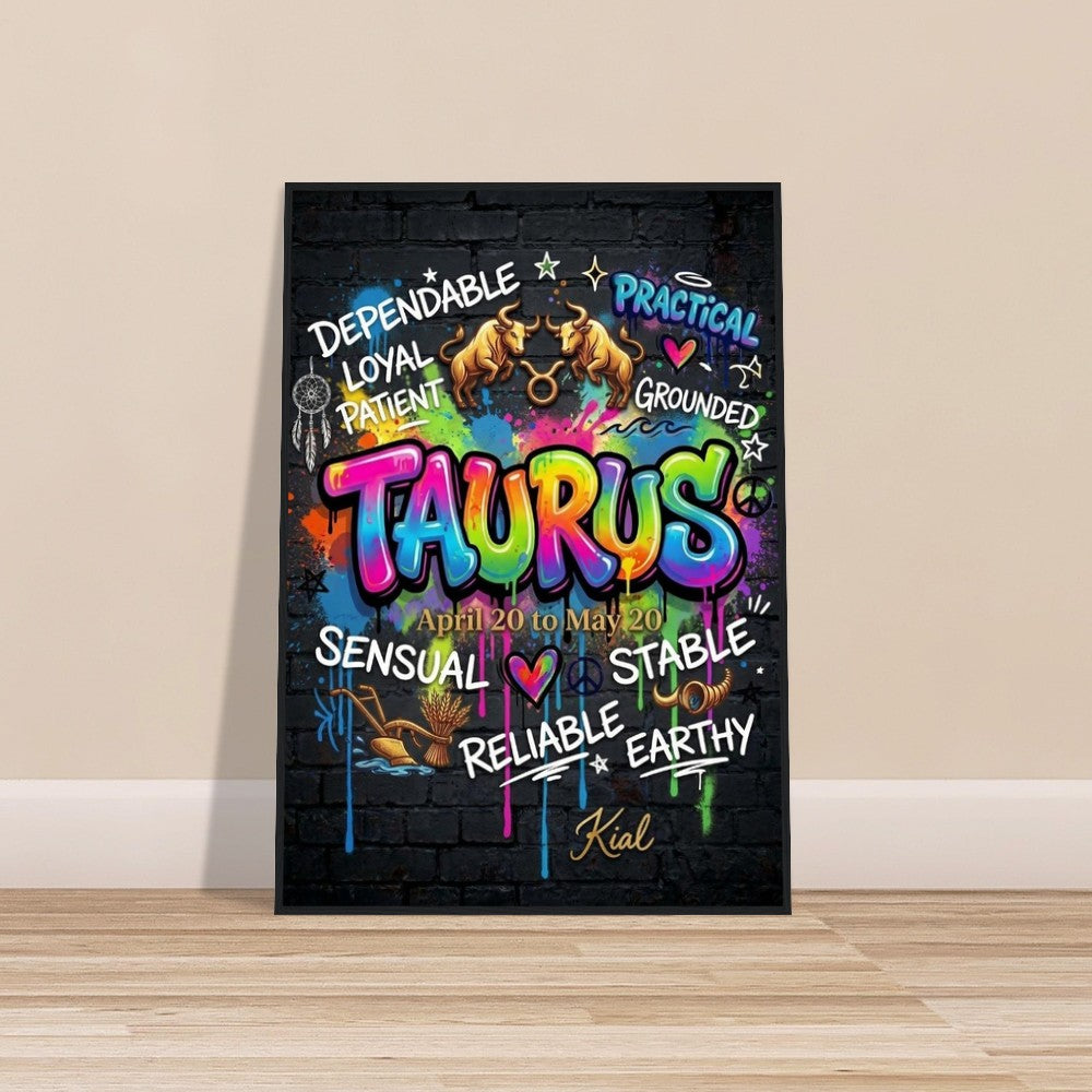 Taurus Neon Graffiti Zodiac Poster, Dark Background, Colorful Street Art, Zodiac Gift for Her, Danish Art Studio