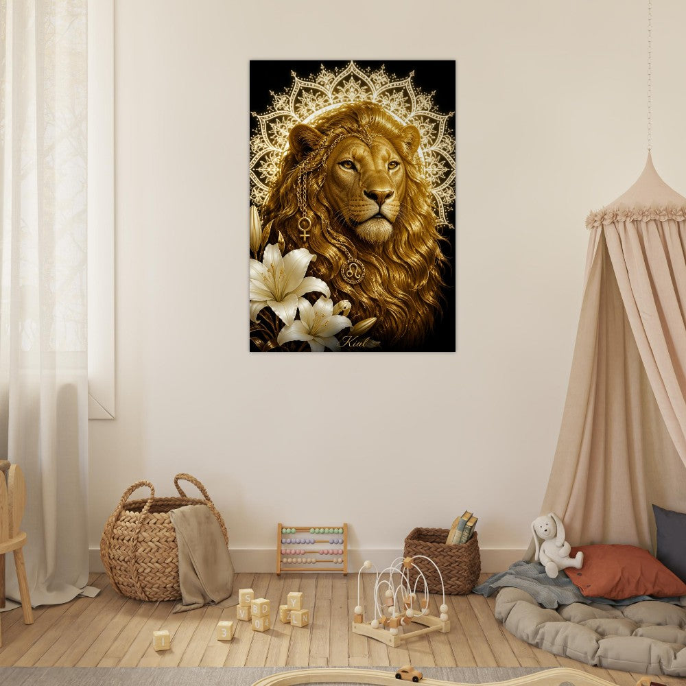 Leo Zodiac Lion Poster, Gold Wall Art, Astrology Canvas, Lion Portrait, Zodiac Gift for Her, Danish Art Studio