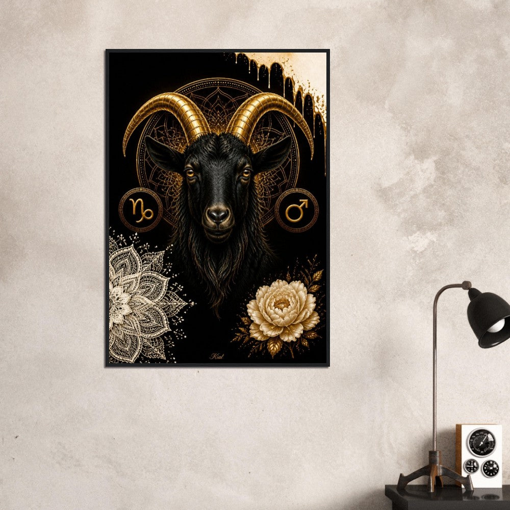 Capricorn Zodiac Goat Poster, Gold Wall Art, Astrology Canvas, Goat Portrait, Zodiac Gift for Him, Danish Art Studio