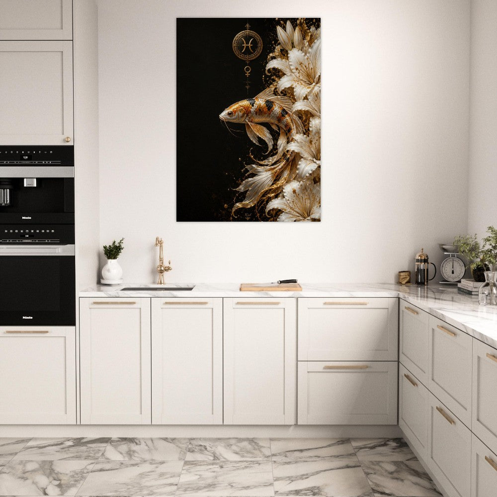 Pisces Zodiac Koi Poster, Gold Wall Art, Astrology Canvas, Koi Portrait, Zodiac Gift for Her, Danish Art Studio