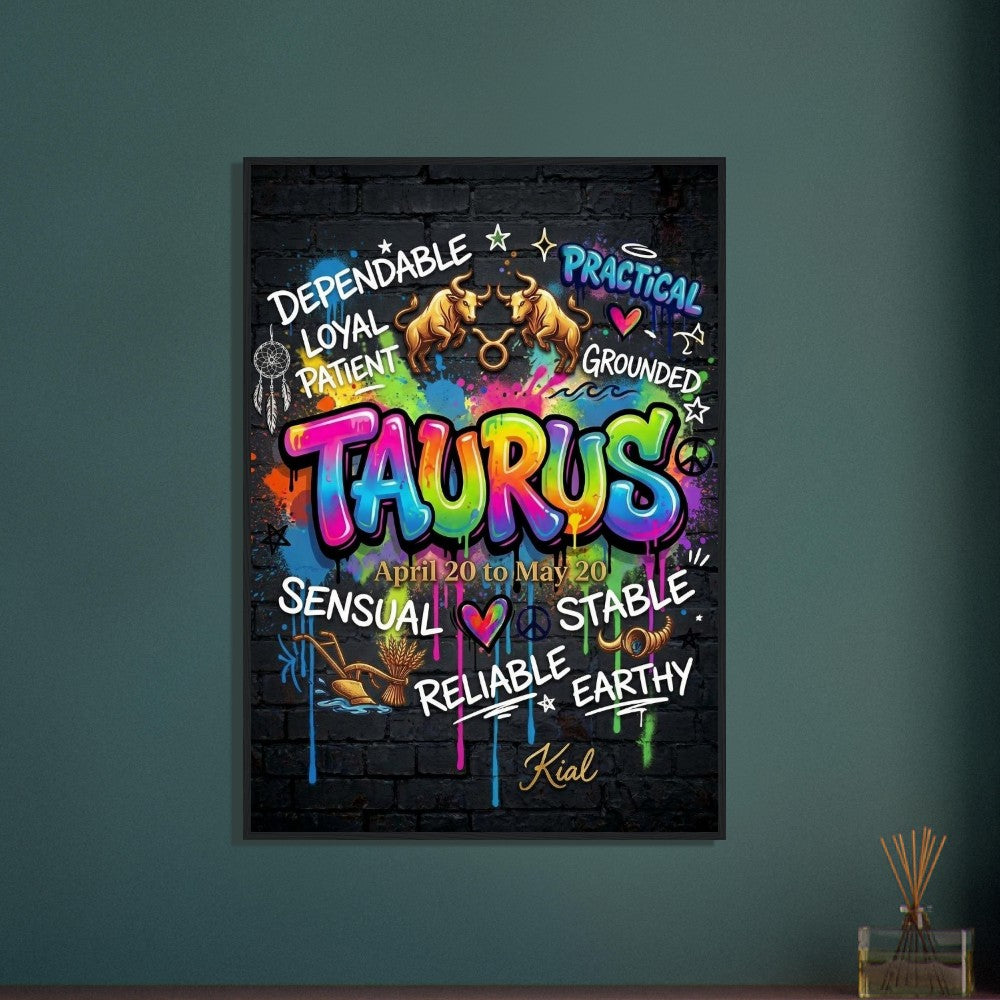 Taurus Neon Graffiti Zodiac Poster, Dark Background, Colorful Street Art, Zodiac Gift for Her, Danish Art Studio