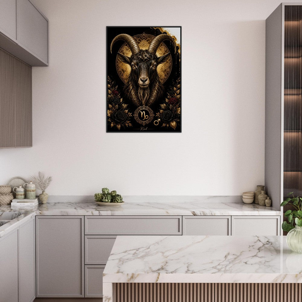 Capricorn Zodiac Goat Poster, Gold Wall Art, Astrology Canvas, Goat Portrait, Zodiac Gift for Him, Danish Art Studio