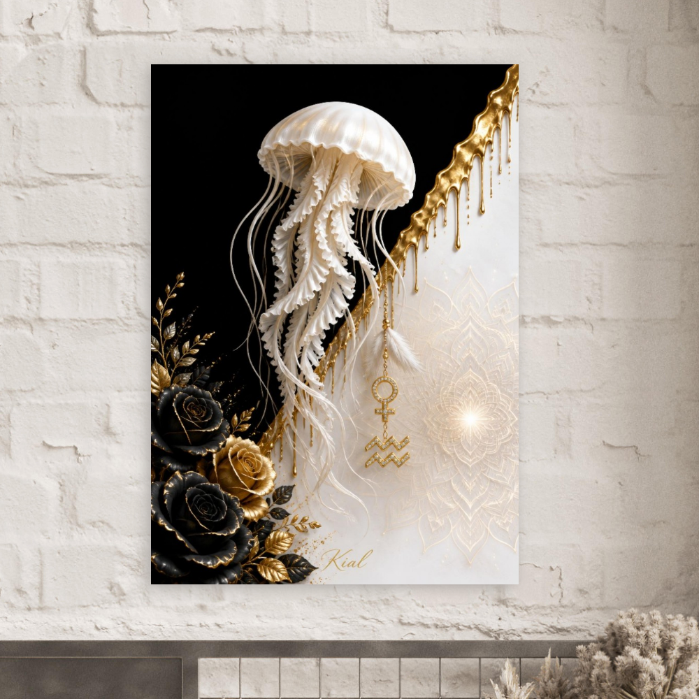 Aquarius Zodiac Jellyfish Poster, Gold Wall Art, Zodiac Gift for Her, Danish Art Studio