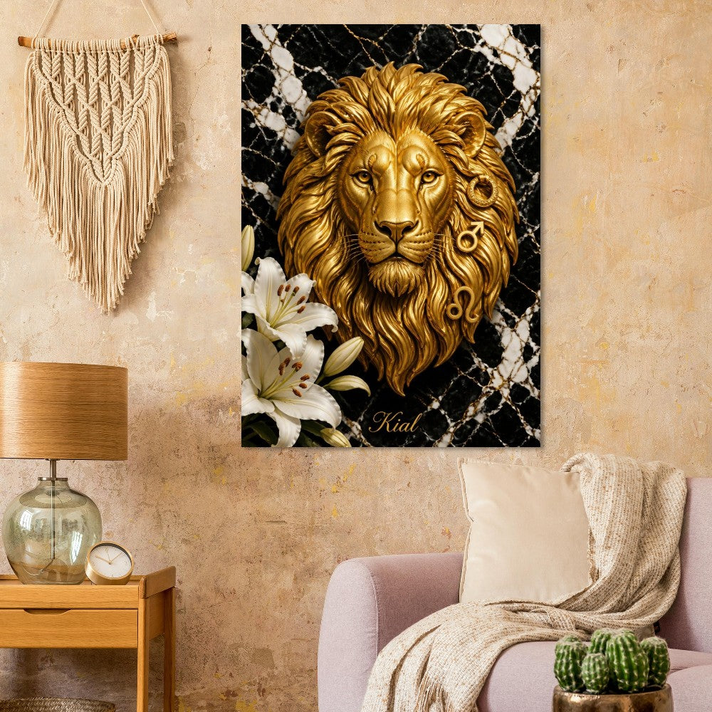 Leo Zodiac Lion Poster, Gold Wall Art, Astrology Canvas, Lion Portrait, Zodiac Gift for Him, Danish Art Studio