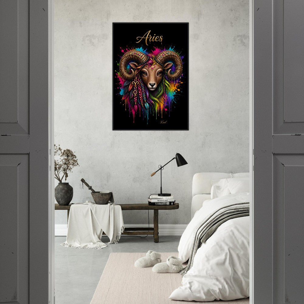Aries Neon Zodiac Ram Poster, Colorful Wall Art, Artistic Astrology Canvas, Zodiac Gift for Her, Danish Art Studio