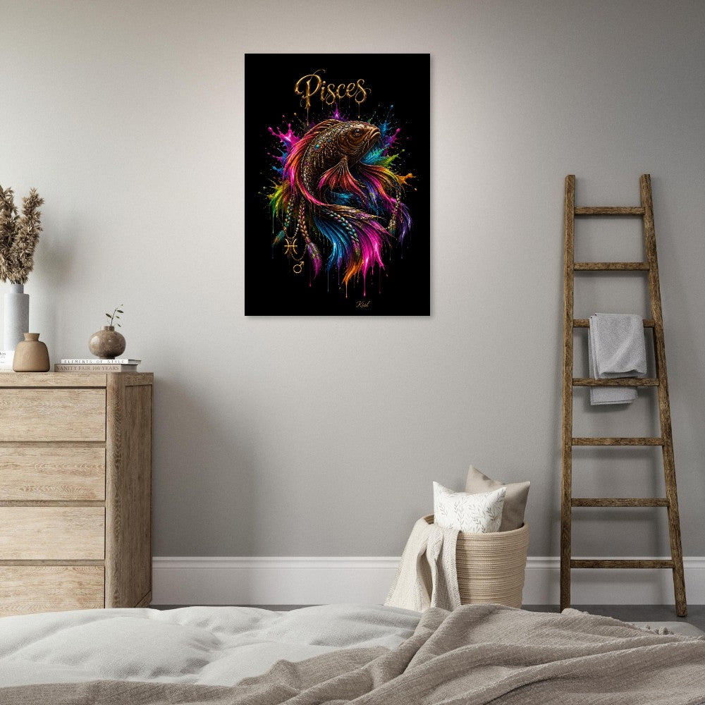 Pisces Neon Zodiac Koi Poster, Colorful Wall Art, Artistic Astrology Canvas, Zodiac Gift for Him, Danish Art Studio