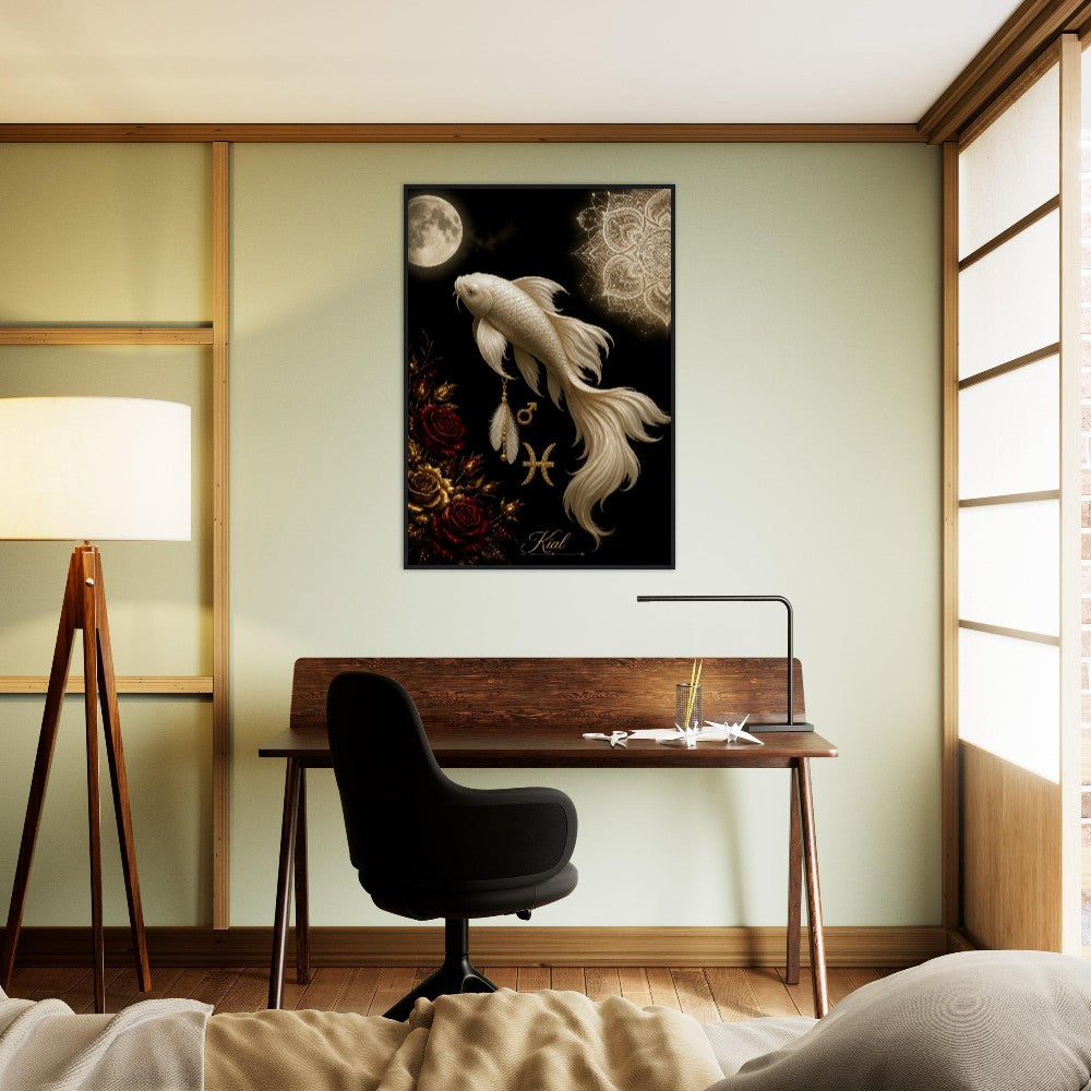 Pisces Zodiac Koi Poster, Gold Wall Art, Astrology Canvas, Koi Portrait, Zodiac Gift for Him, Danish Art Studio