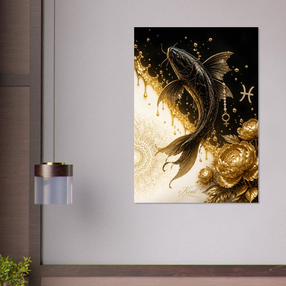 Pisces Zodiac Koi Poster, Gold Wall Art, Astrology Canvas, Koi Portrait, Zodiac Gift for Her, Danish Art Studio