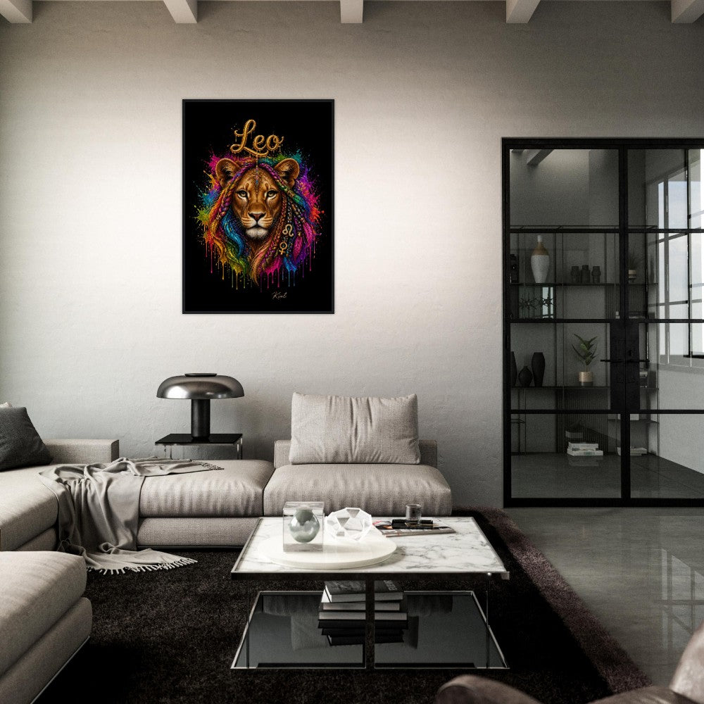 Leo Neon Zodiac Lion Poster, Colorful Wall Art, Artistic Astrology Canvas, Zodiac Gift for Her, Danish Art Studio