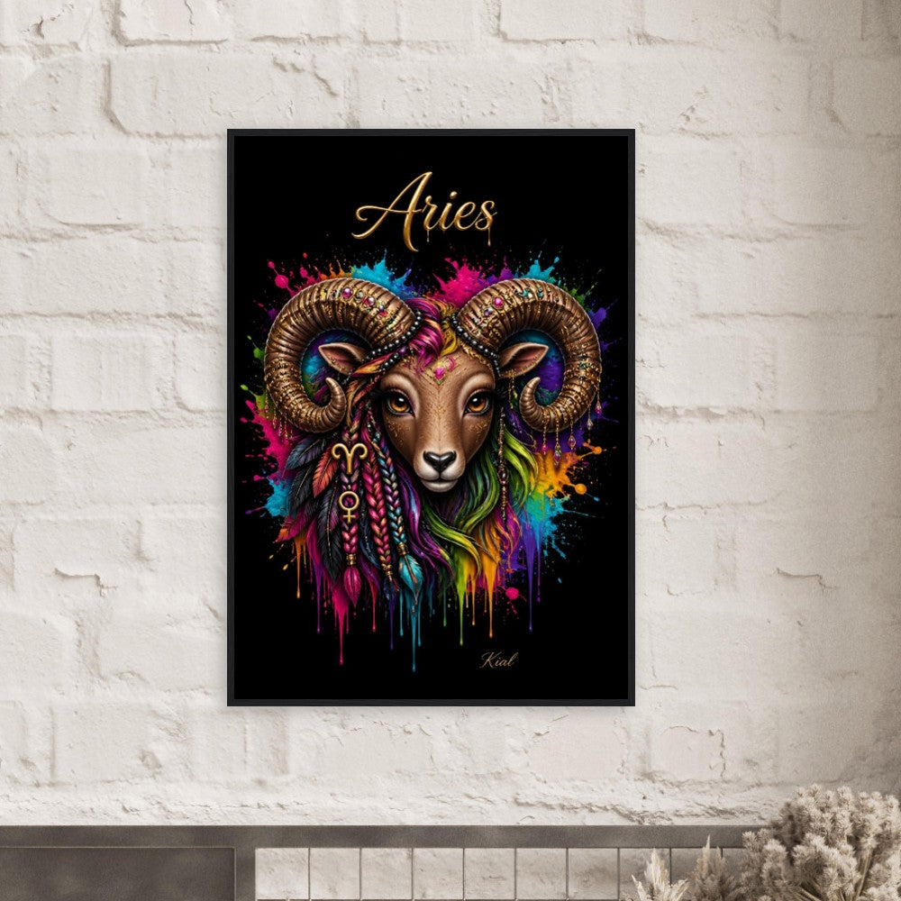 Aries Neon Zodiac Ram Poster, Colorful Wall Art, Artistic Astrology Canvas, Zodiac Gift for Her, Danish Art Studio