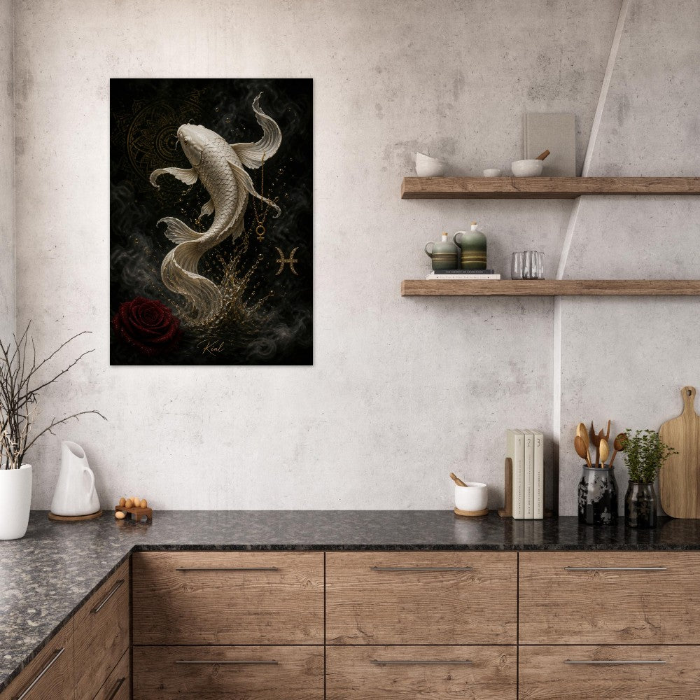 Pisces Zodiac Koi Poster, Gold Wall Art, Astrology Canvas, Koi Portrait, Zodiac Gift for Her, Danish Art Studio