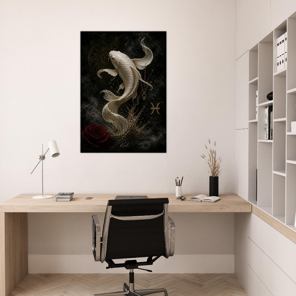 Pisces Zodiac Koi Poster, Gold Wall Art, Astrology Canvas, Koi Portrait, Zodiac Gift for Her, Danish Art Studio